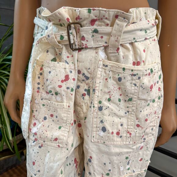Free People Belted Painter Pants Ecru Utility Paint Splatter Slouchy Cargo SZ 6 - Picture 8 of 14